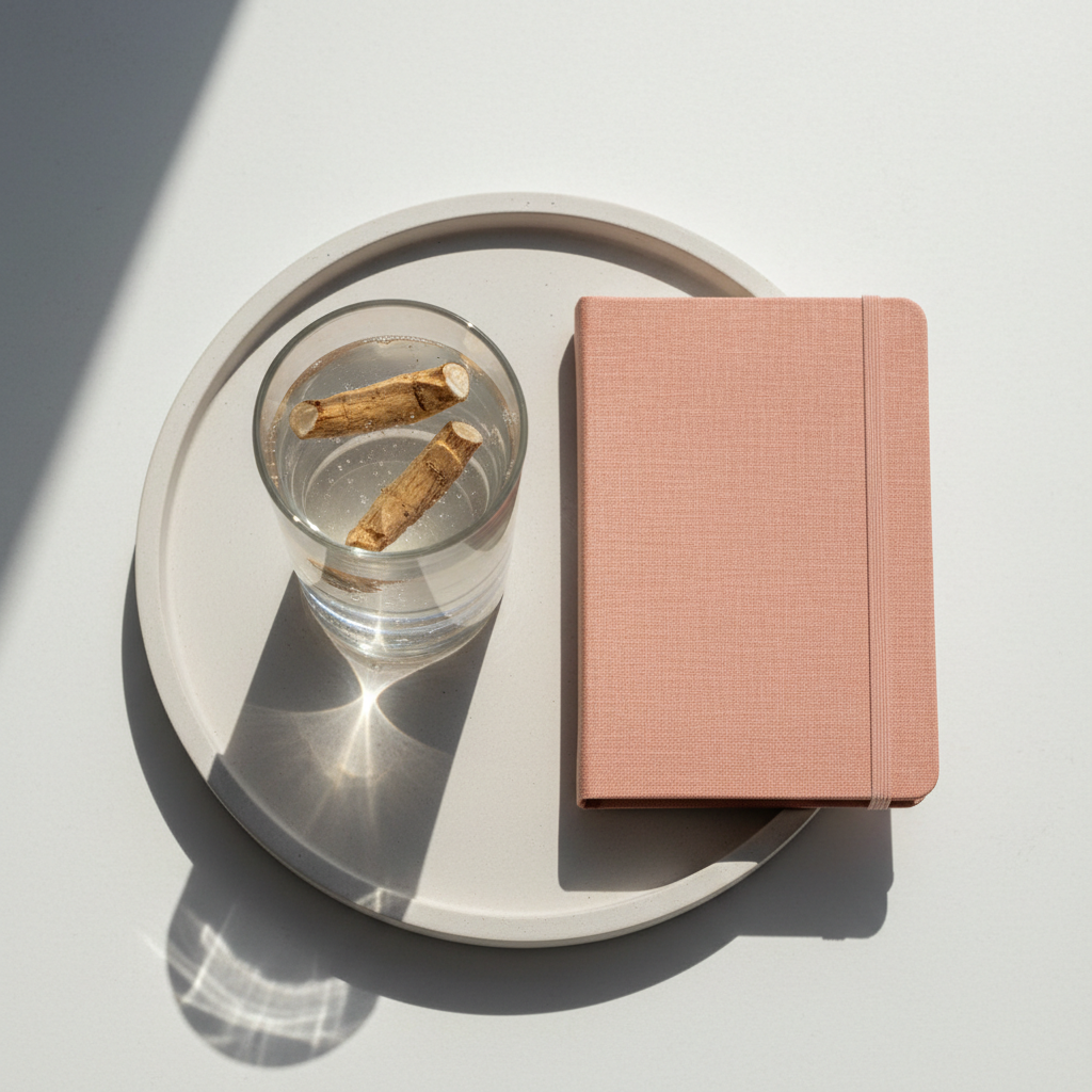 A minimalist top-down composition showing a serene morning ritual: a single elegant glass of infused herbal water with ashwagandha root pieces floating gently inside, placed on a pale concrete tray beside a closed, salmon-pink linen-covered journal. The scene is illuminated by gentle, diffused early morning sunlight, casting soft reflections in the water and subtle shadows around the glass. A muted color palette of pebble greys and soft rosy tones evokes refined calmness. The image uses generous negative space and precise alignment to convey quiet sophistication, supporting the concept of calm routines supported by soothing supplements in a premium store setting.