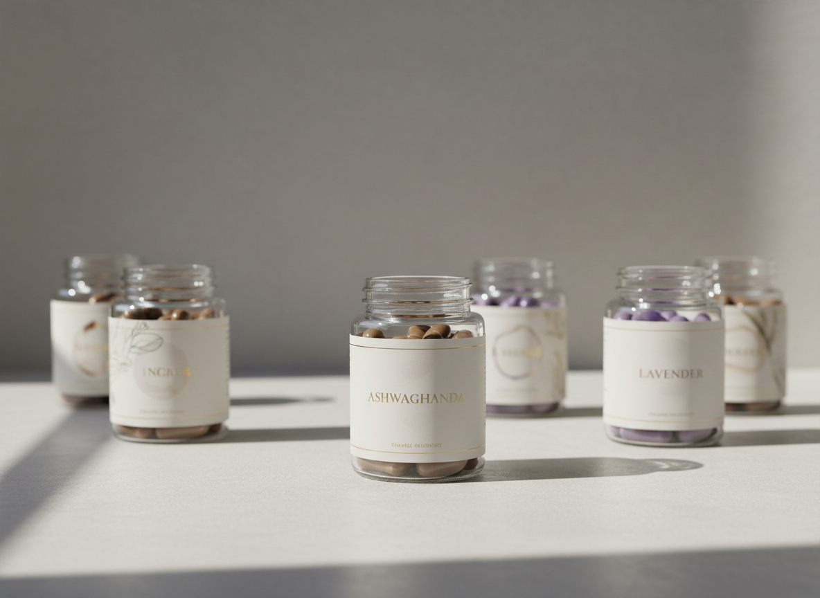 A beautifully arranged selection of elegant glass supplement jars with minimalist matte labels, each displaying subtle gold-embossed accents, containing herbs like ashwagandha and lavender capsules. The jars are neatly positioned on a smooth, pale concrete surface with muted, cool grey undertones. In the background, an abstract blurred wall features a gentle gradient from dove grey to soft beige. Soft natural window light gently washes over the scene, casting graceful highlights on the glass and creating elegant, understated shadows for a serene, calming mood. The composition is centered, shot from an eye-level angle, with sharp focus on the primary jar and a soft bokeh for atmospheric depth. The image embodies photographic realism with a minimalist, sophisticated aesthetic, perfectly reflecting the store’s focus on calm, refined supplements.