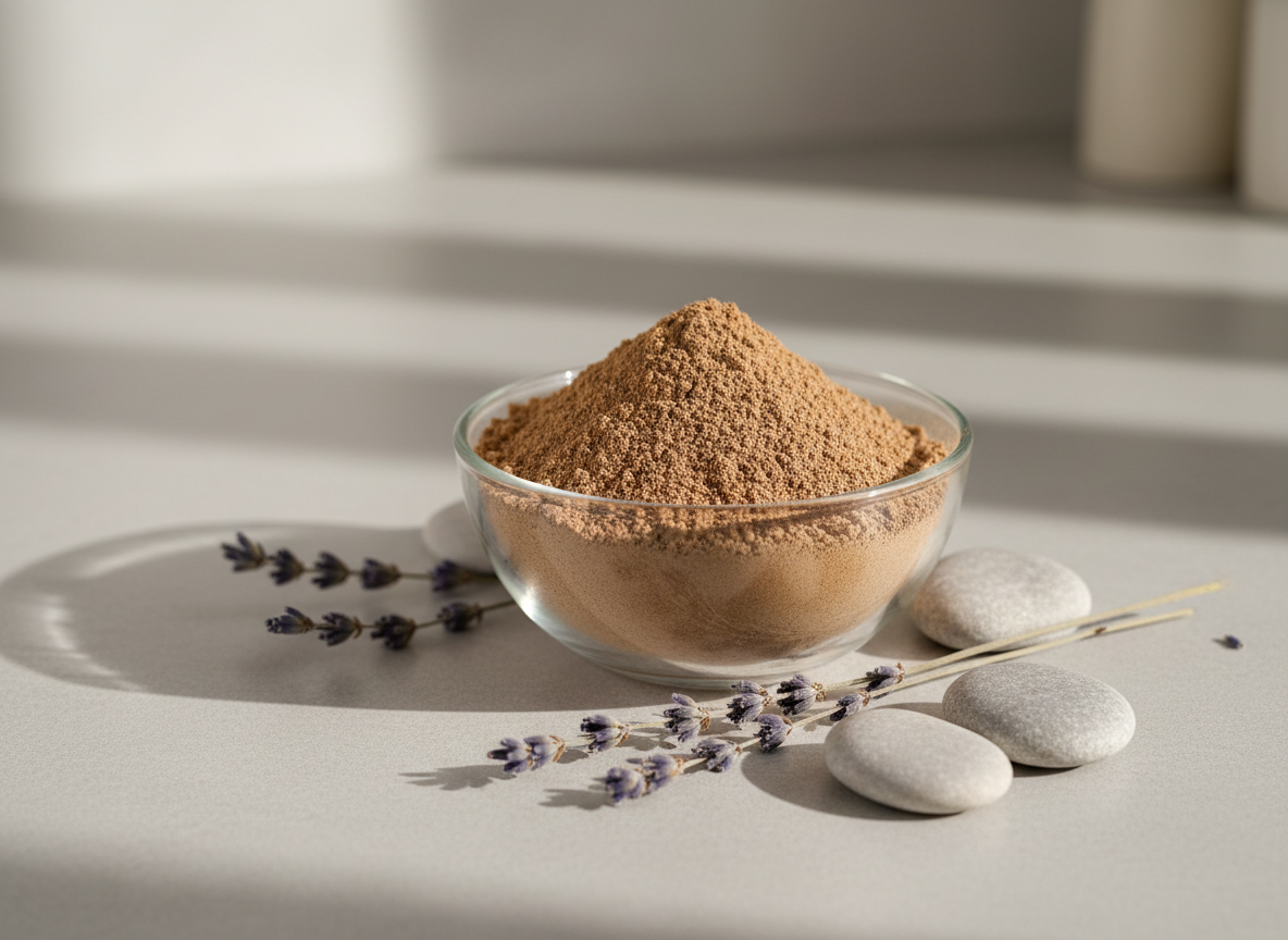 A close-up of a transparent glass bowl filled with finely milled ashwagandha powder, displaying a delicate, sandy texture and warm taupe hues. The bowl rests on an unadorned, light stone countertop, surrounded by scattered sprigs of dried lavender and a few smooth river stones, conveying a sense of organic tranquility. Diffused, overcast daylight softly illuminates the scene, enhancing the powder’s velvety texture and creating faint, gentle shadows for a peaceful ambiance. The photograph is taken from a slightly elevated angle, focusing tightly on the bowl while allowing the background elements to blend subtly into a creamy blur. The minimalist, refined details and muted palette produce a sophisticated, calming impression aligned with the store’s soothing supplement theme.