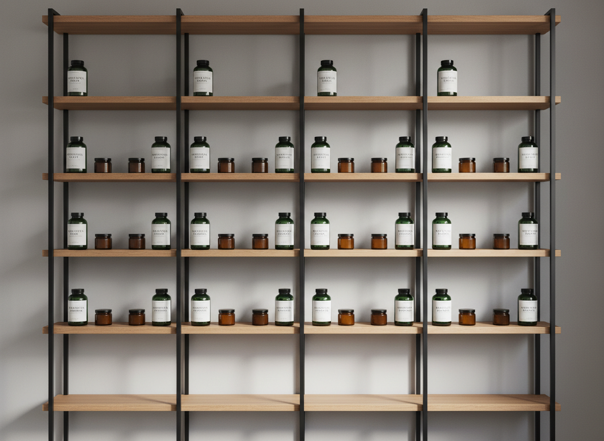 A refined apothecary shelf crafted from matte black metal and warm light wood, artfully displaying neatly spaced supplement bottles and small amber jars, each labeled in an understated serif font. The shelf is set against a subtly textured, dove-grey wall with a gentle color gradient, emphasizing calmness. Clean, indirect afternoon daylight provides a soft, even illumination that highlights the clarity of the glass and the fine grain of the wood, casting the faintest of shadows for depth. The image is composed from a straight-on perspective, with symmetrical balance and sharp clarity throughout, giving a sense of order and tranquility. The minimalist aesthetic and muted palette create a sophisticated environment befitting an upscale supplement retailer.